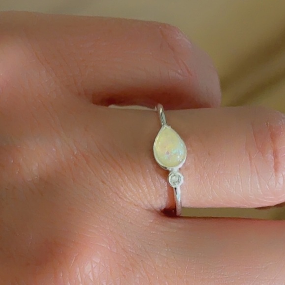 Sterling Silver Opal Teardrop Ring with Sparkling Accent - Picture 6 of 13